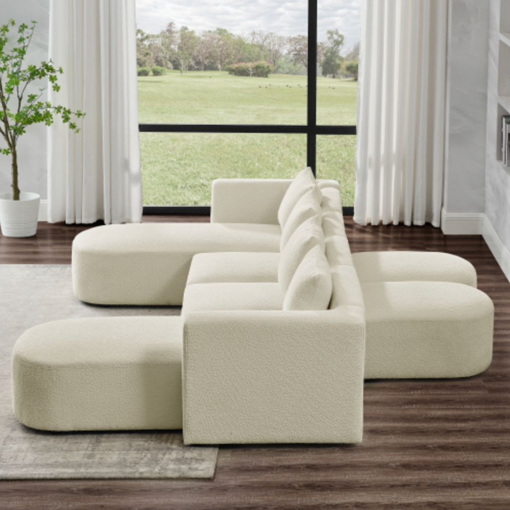 Modular Sectional Sofa with Chaise and Ottomans - Loop Yarn Boucle Fabric in Beige 113" - Revel Sofa 