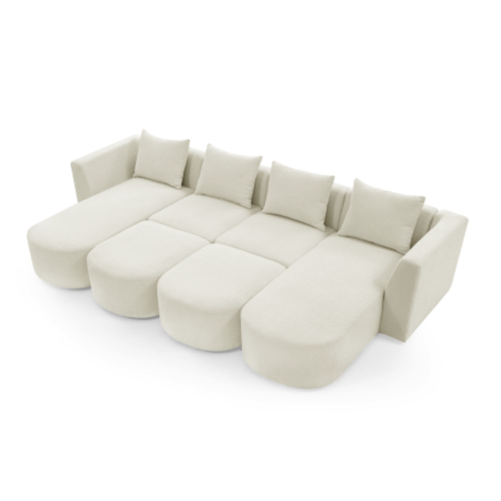 Modular Sectional Sofa with Chaise and Ottomans - Loop Yarn Boucle Fabric in Beige 113" - Revel Sofa 