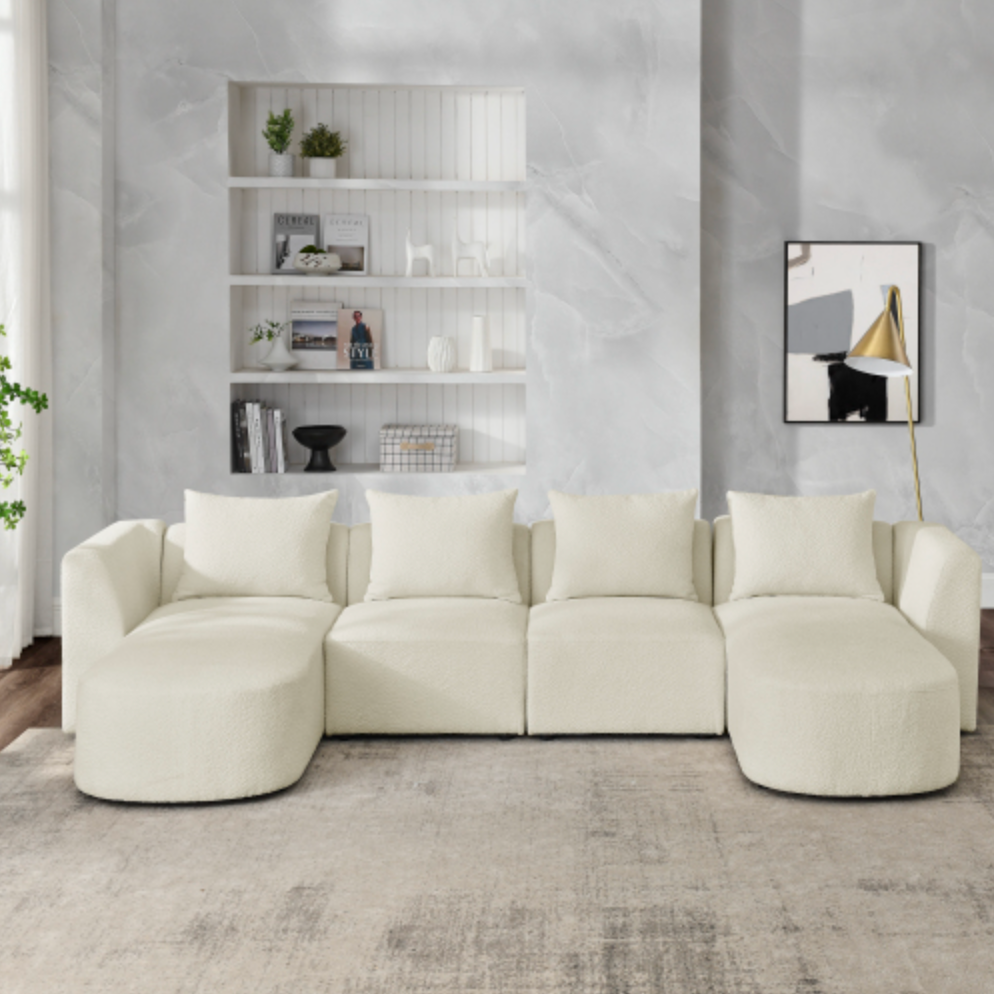 Modular Sectional Sofa with Chaise and Ottomans - Loop Yarn Boucle Fabric in Beige 113" - Revel Sofa 