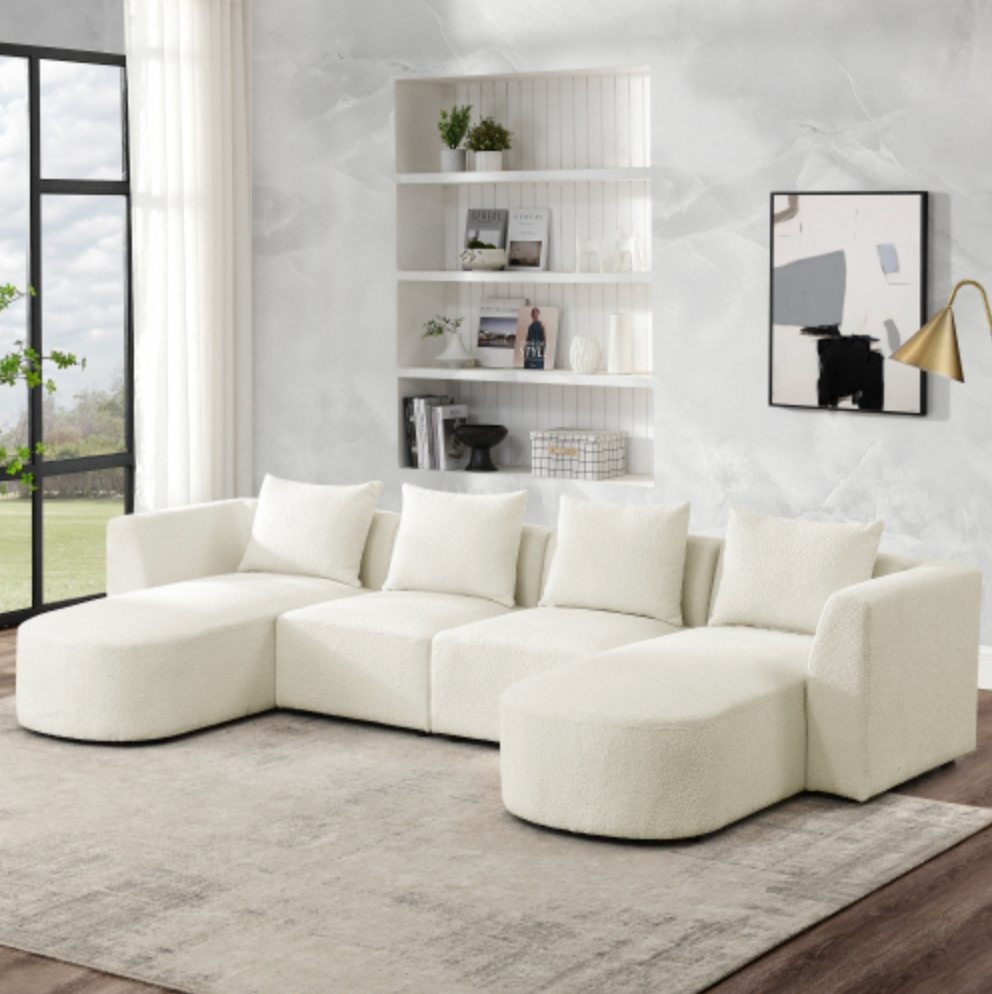 Modular Sectional Sofa with Chaise and Ottomans - Loop Yarn Boucle Fabric in Beige 113" - Revel Sofa 