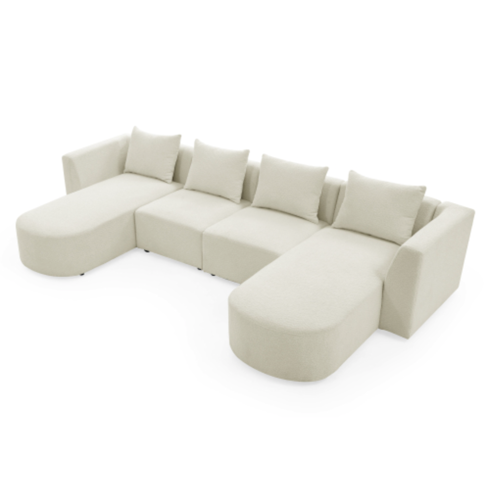 Modular Sectional Sofa with Chaise and Ottomans - Loop Yarn Boucle Fabric in Beige 113" - Revel Sofa 