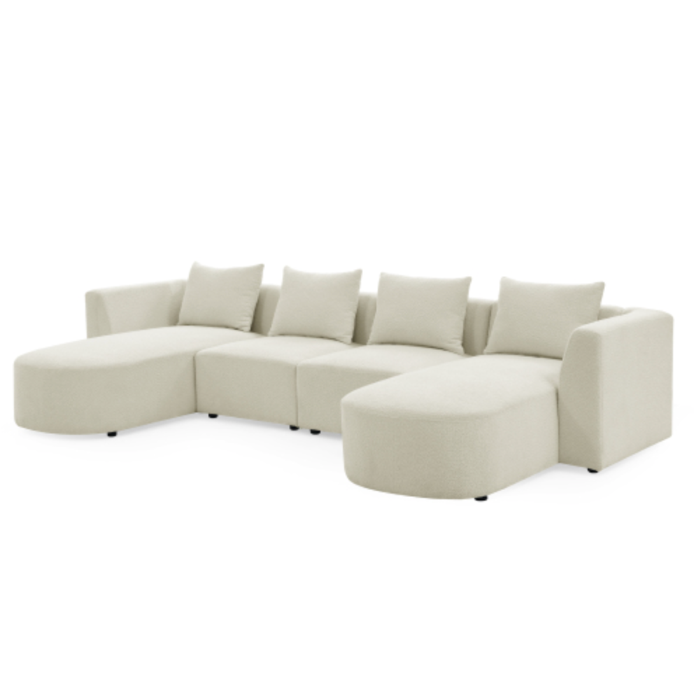 Modular Sectional Sofa with Chaise and Ottomans - Loop Yarn Boucle Fabric in Beige 113" - Revel Sofa 