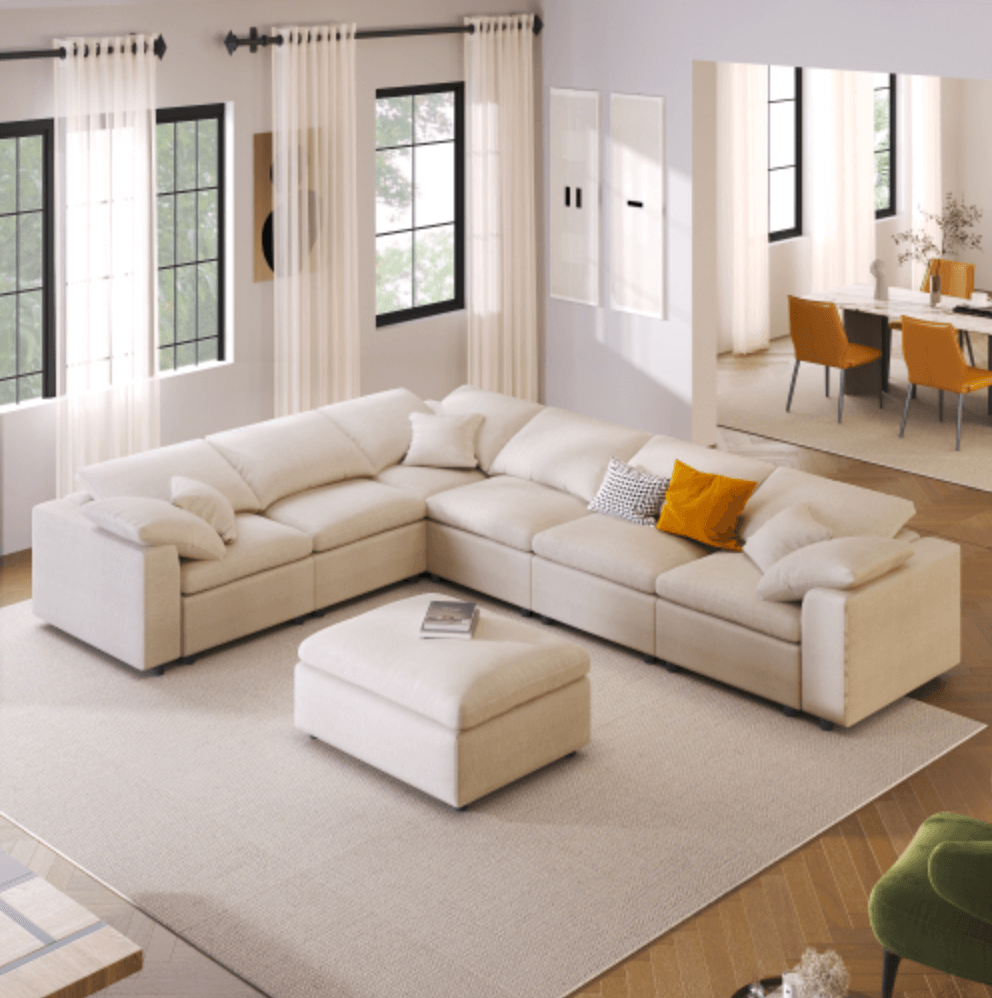 Modern Low Profile Modular U-Shaped Sectional Sofa with Ottoman in Gray or Beige 129" - Revel Sofa 