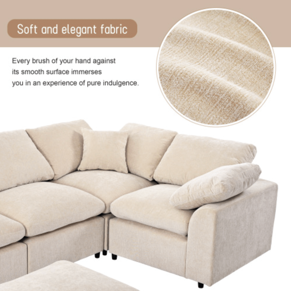 Modern Low Profile Modular U-Shaped Sectional Sofa with Ottoman in Gray or Beige 129" - Revel Sofa 