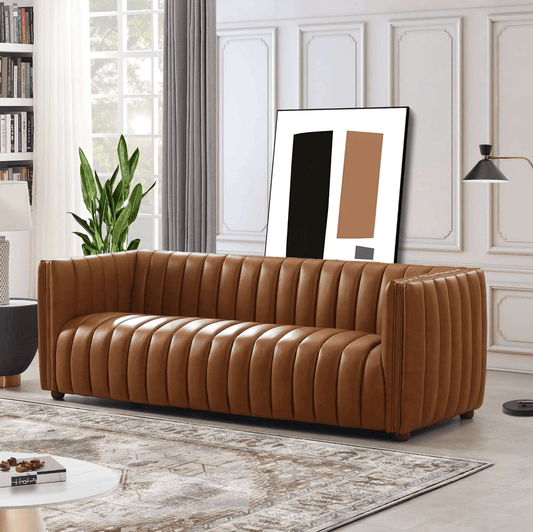 April Channel Tufted Sofa in Genuine Leather or Beige Boucle 86" - Revel Sofa 