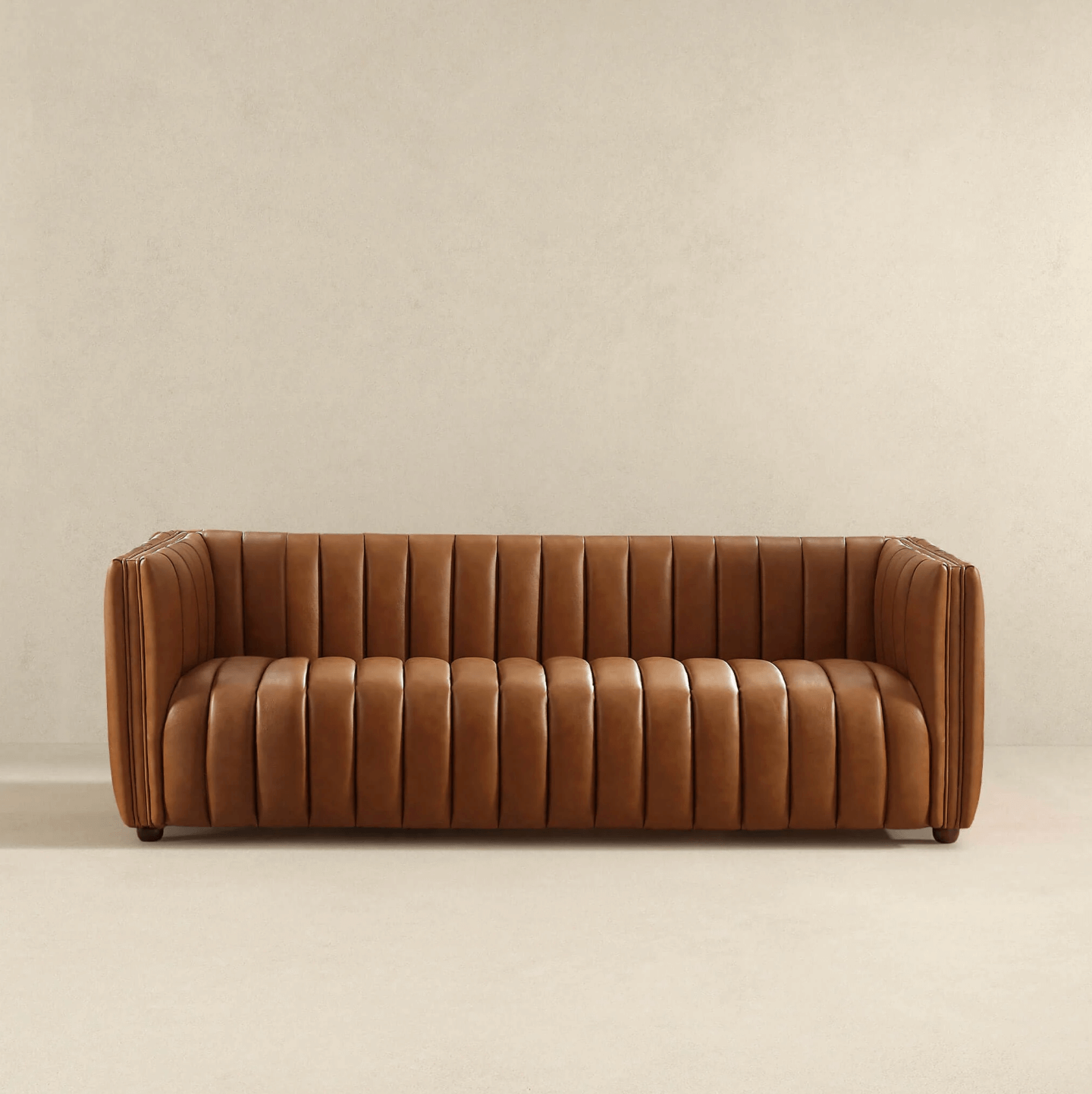 April Channel Tufted Sofa in Genuine Leather or Beige Boucle 86" - Revel Sofa 