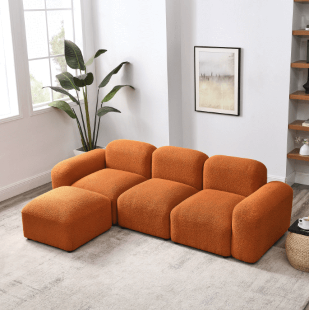 Contemporary Modular Sectional Sofa in Teddy Fabric with Ottoman (4pc) 95" - Revel Sofa 