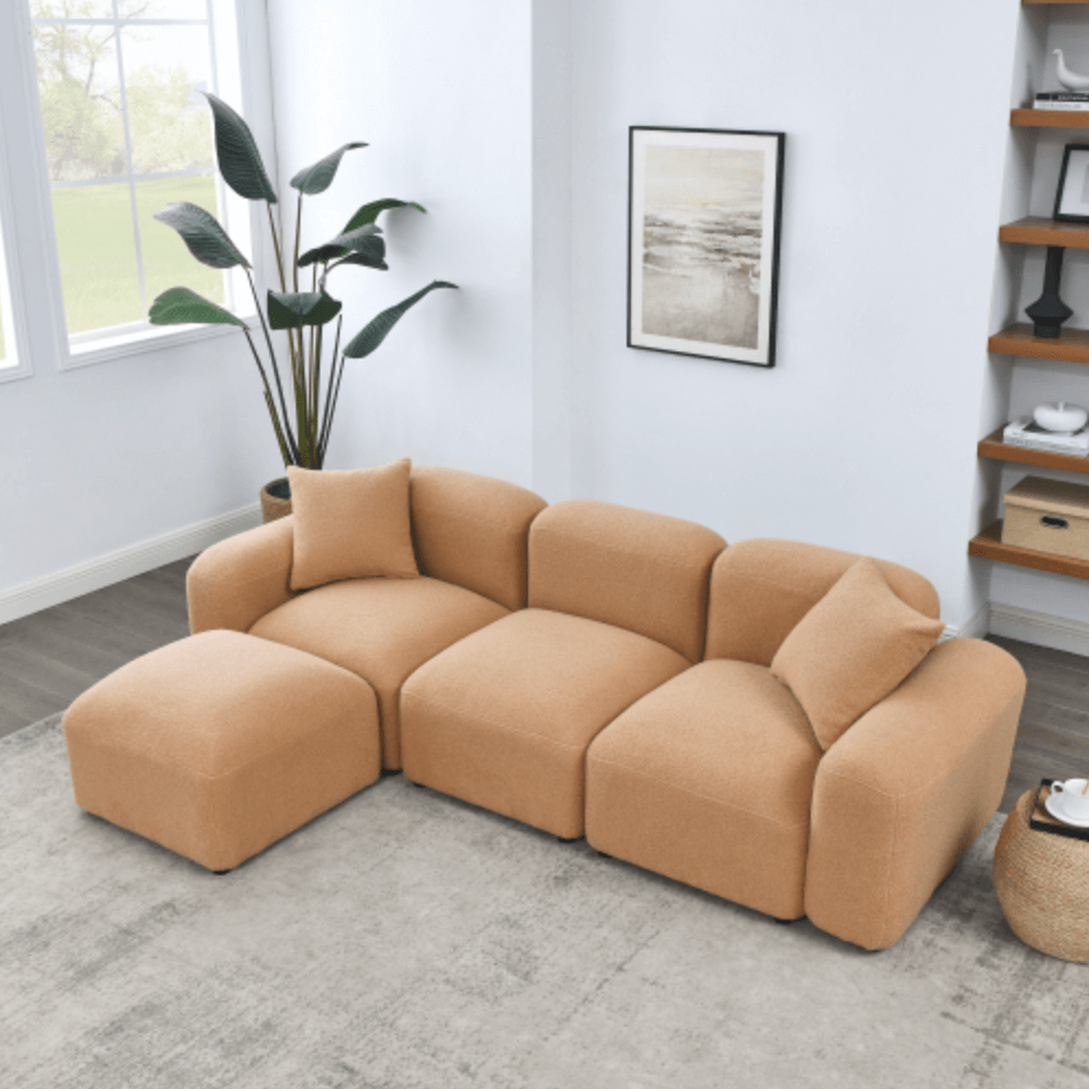 Contemporary Modular Sectional Sofa in Teddy Fabric with Ottoman (4pc) 95" - Revel Sofa 