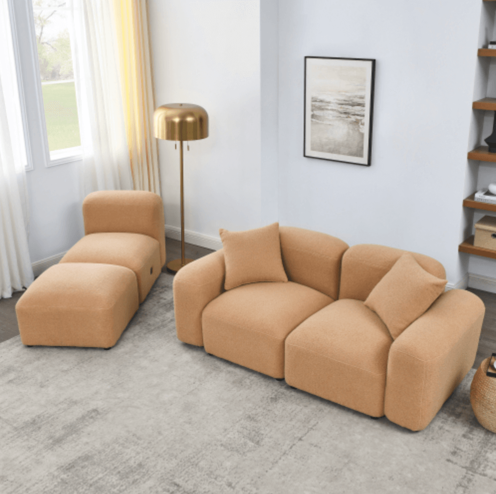 Contemporary Modular Sectional Sofa in Teddy Fabric with Ottoman (4pc) 95" - Revel Sofa 