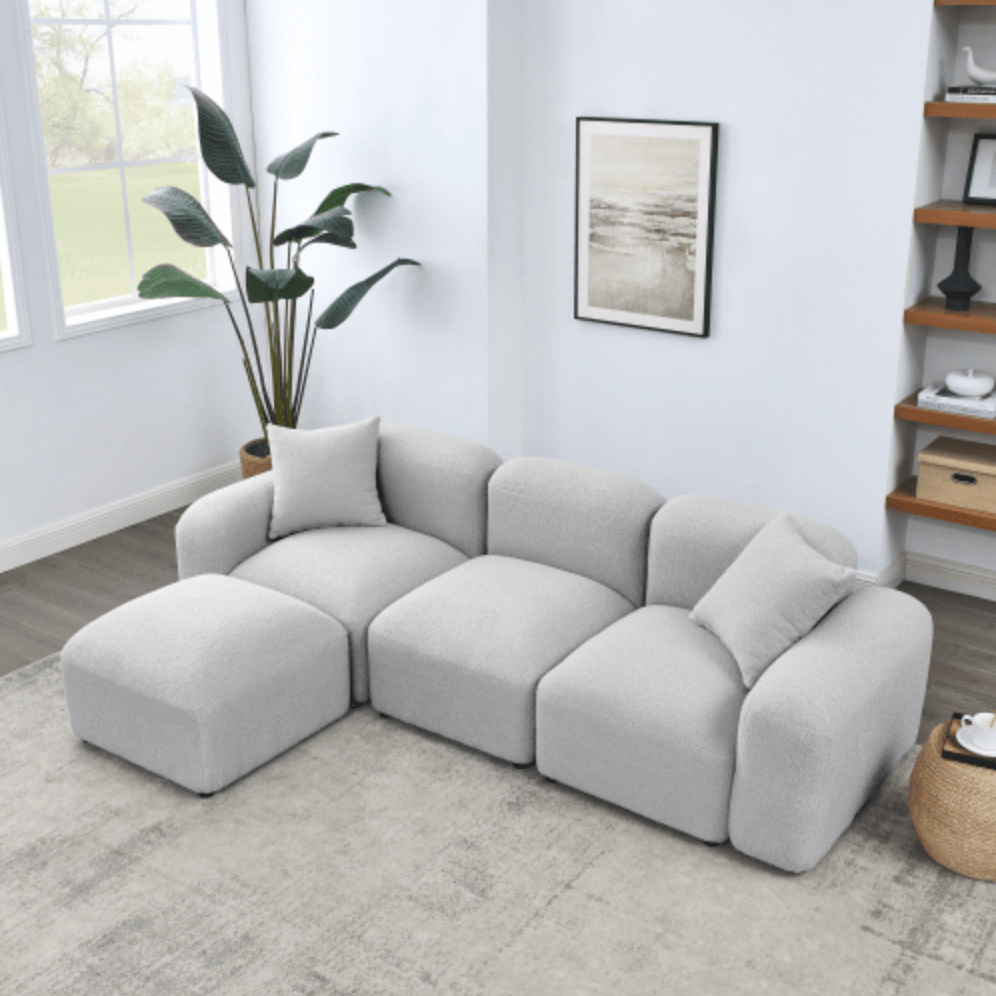 Contemporary Modular Sectional Sofa in Teddy Fabric with Ottoman (4pc) 95" - Revel Sofa 