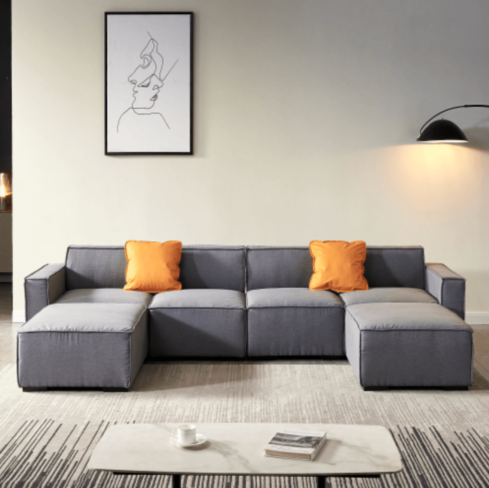 Modern Minimalist Modular U Shape Dual Chaise Sectional Fabric Sofa, Beige or Gray 131" - Revel Sofa 