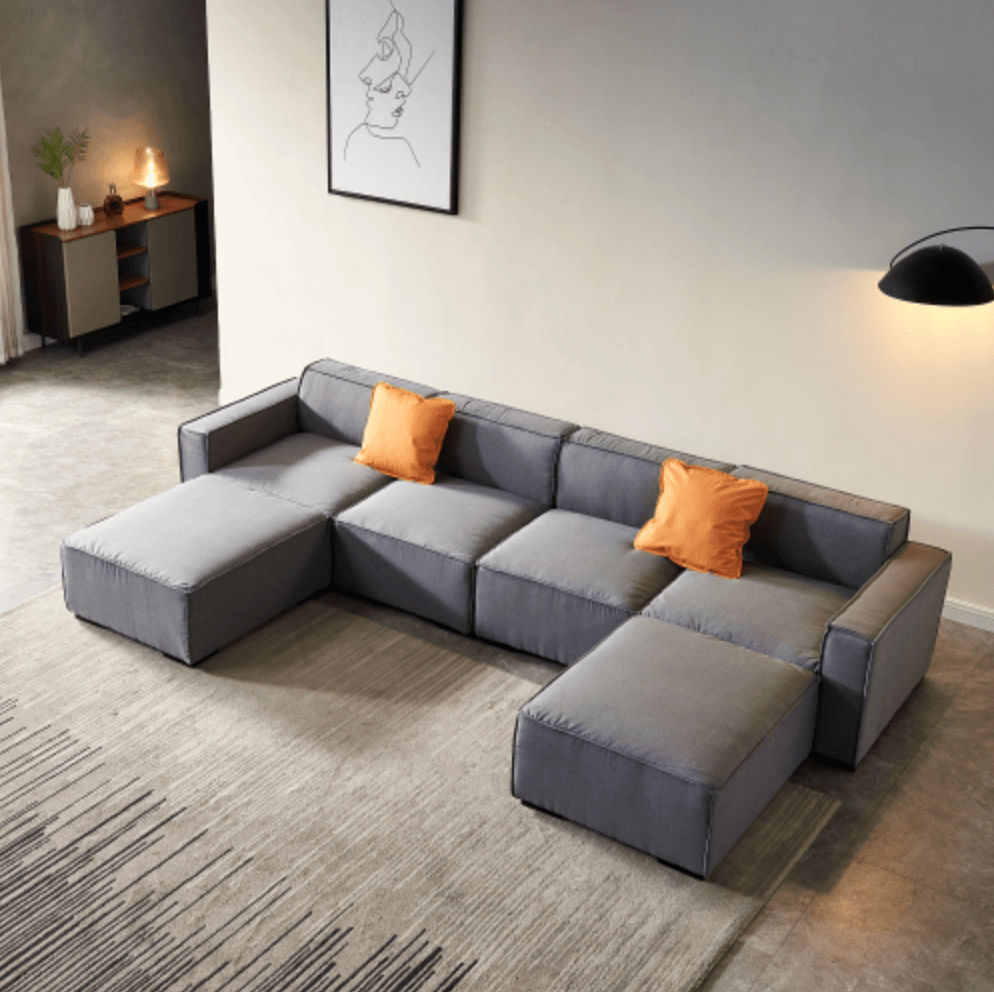 Modern Minimalist Modular U Shape Dual Chaise Sectional Fabric Sofa, Beige or Gray 131" - Revel Sofa 