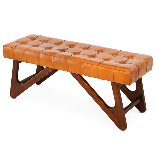 Mia MCM Button Tufted Genuine Leather Wood Base Bench 47" - Revel Sofa 