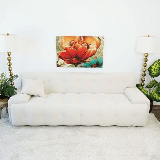 Brampton MCM Styled Tufted Cream Velvet Sofa 90" - Revel Sofa 