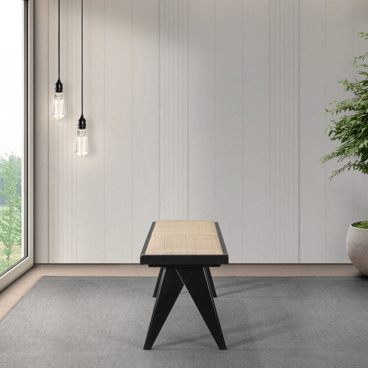 Keira MCM Solid Wood Bench Rattan Upholstered Top 51" - Revel Sofa 