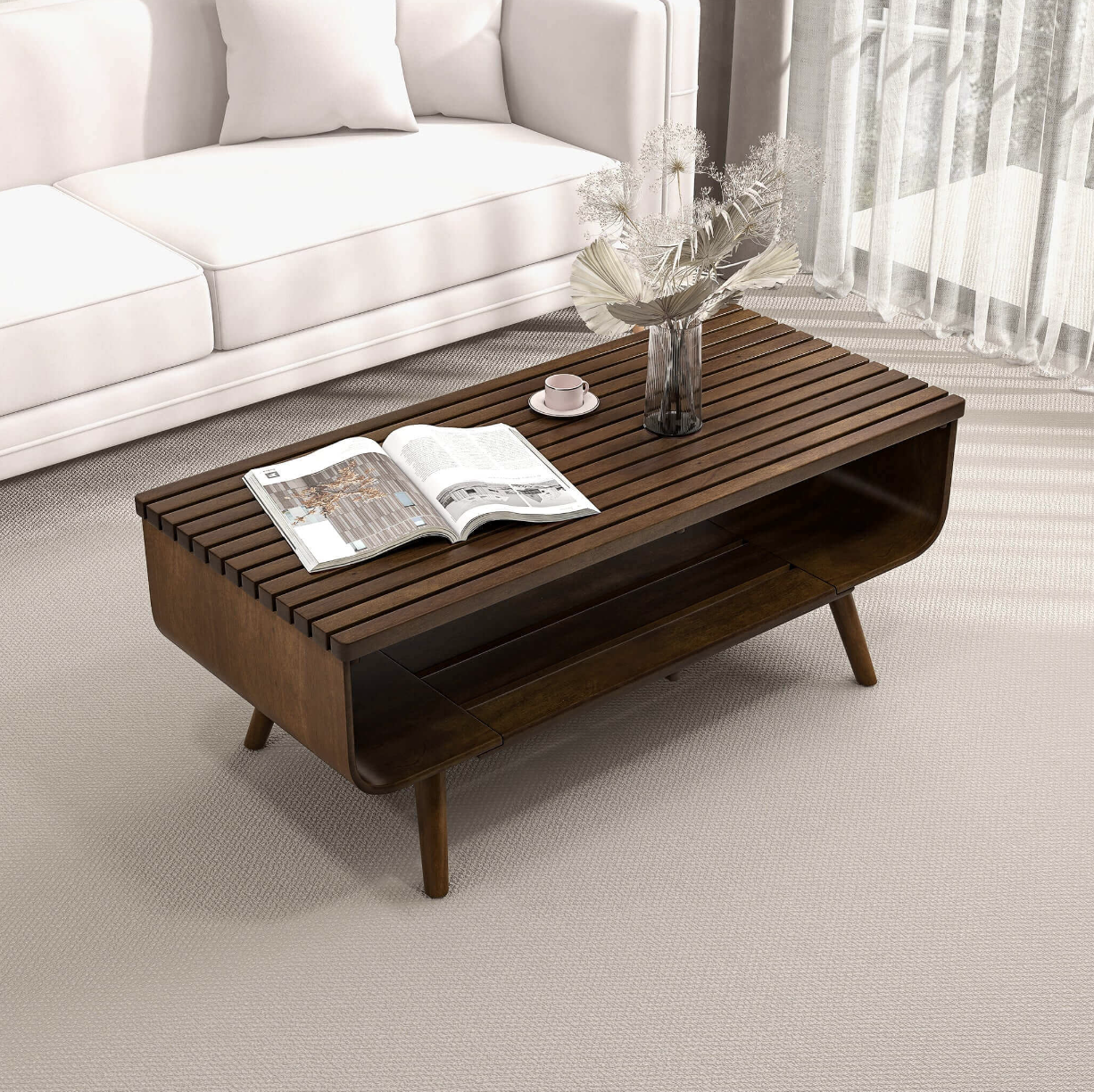 Alice Solid Wood 2 Tier Coffee Table in Walnut 44” - Revel Sofa 