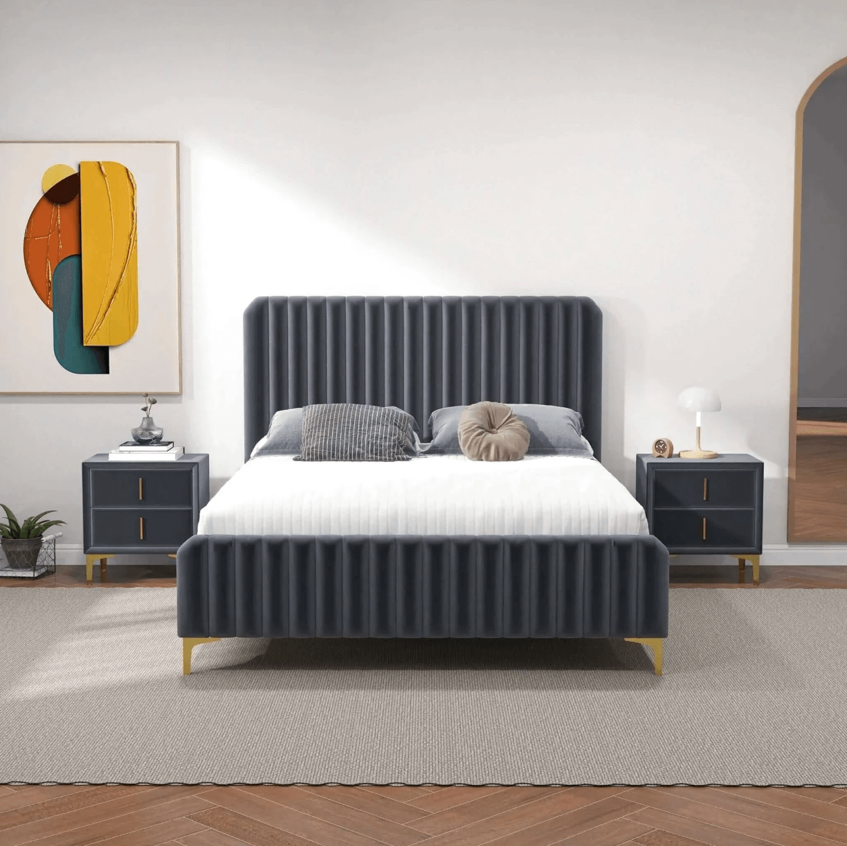 Bethany Velvet Upholstered Channel Tufted Platform Bed - Revel Sofa 