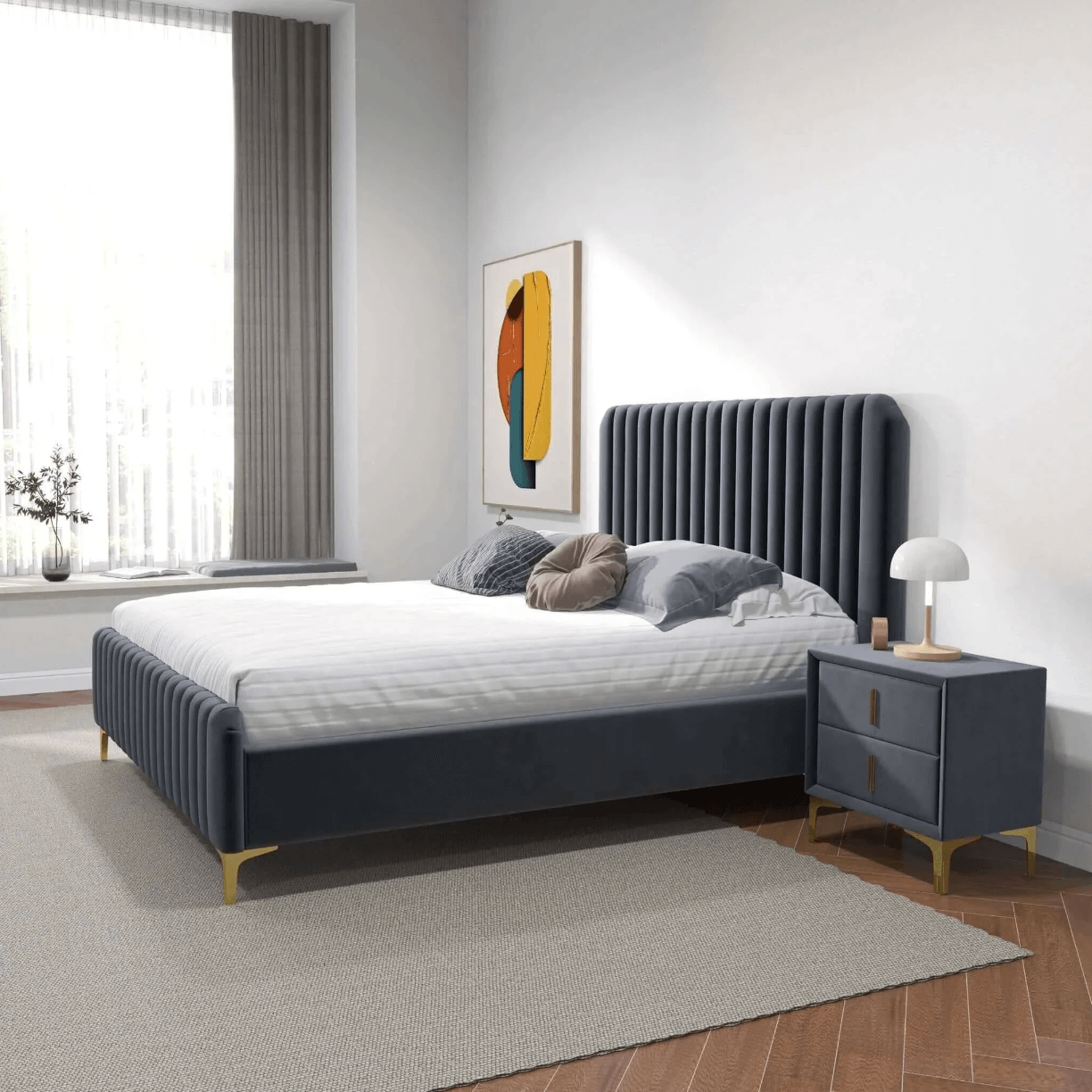 Bethany Velvet Upholstered Channel Tufted Platform Bed - Revel Sofa 