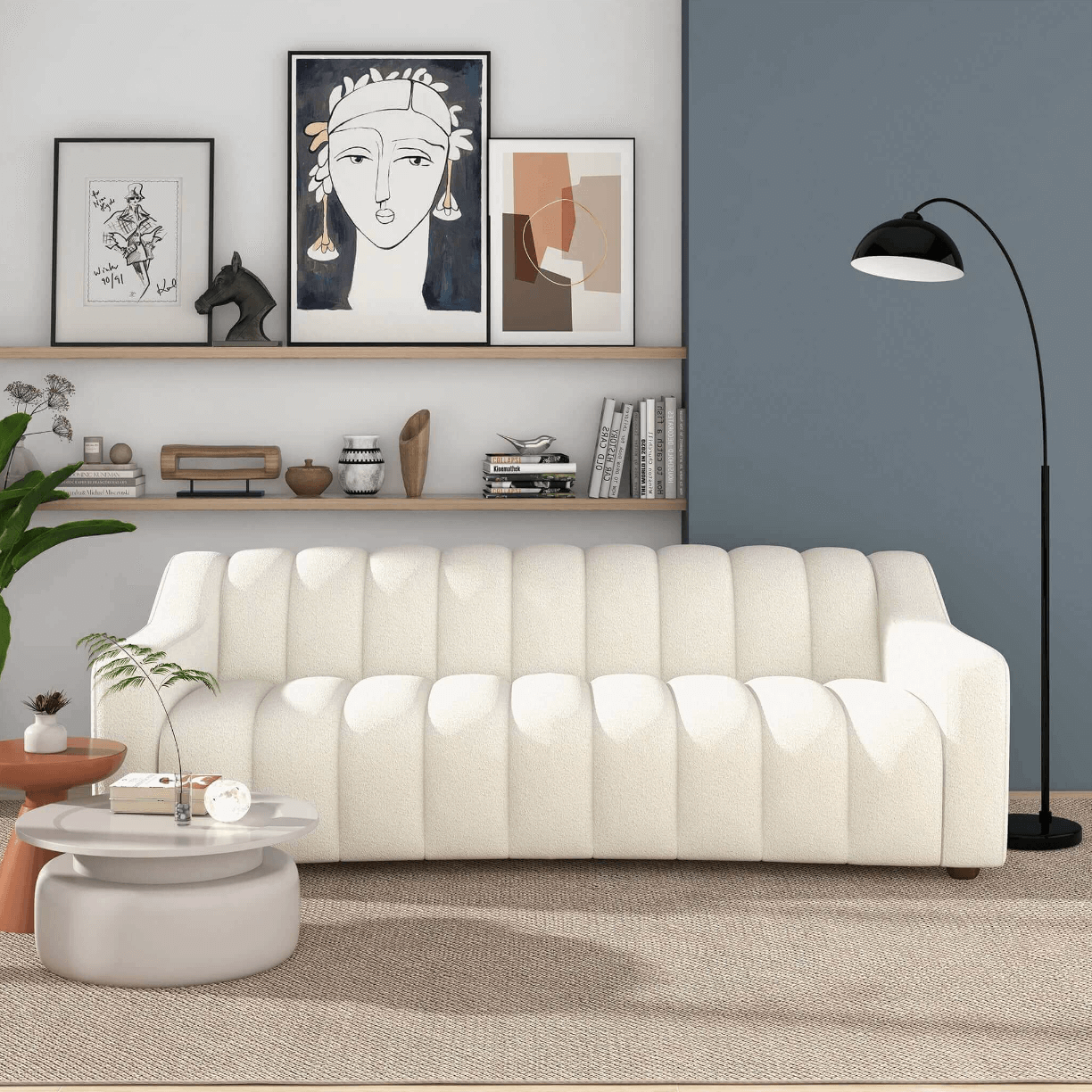 Marcus Modern Channel Tufted Boucle Sofa, Cream White - Revel Sofa 