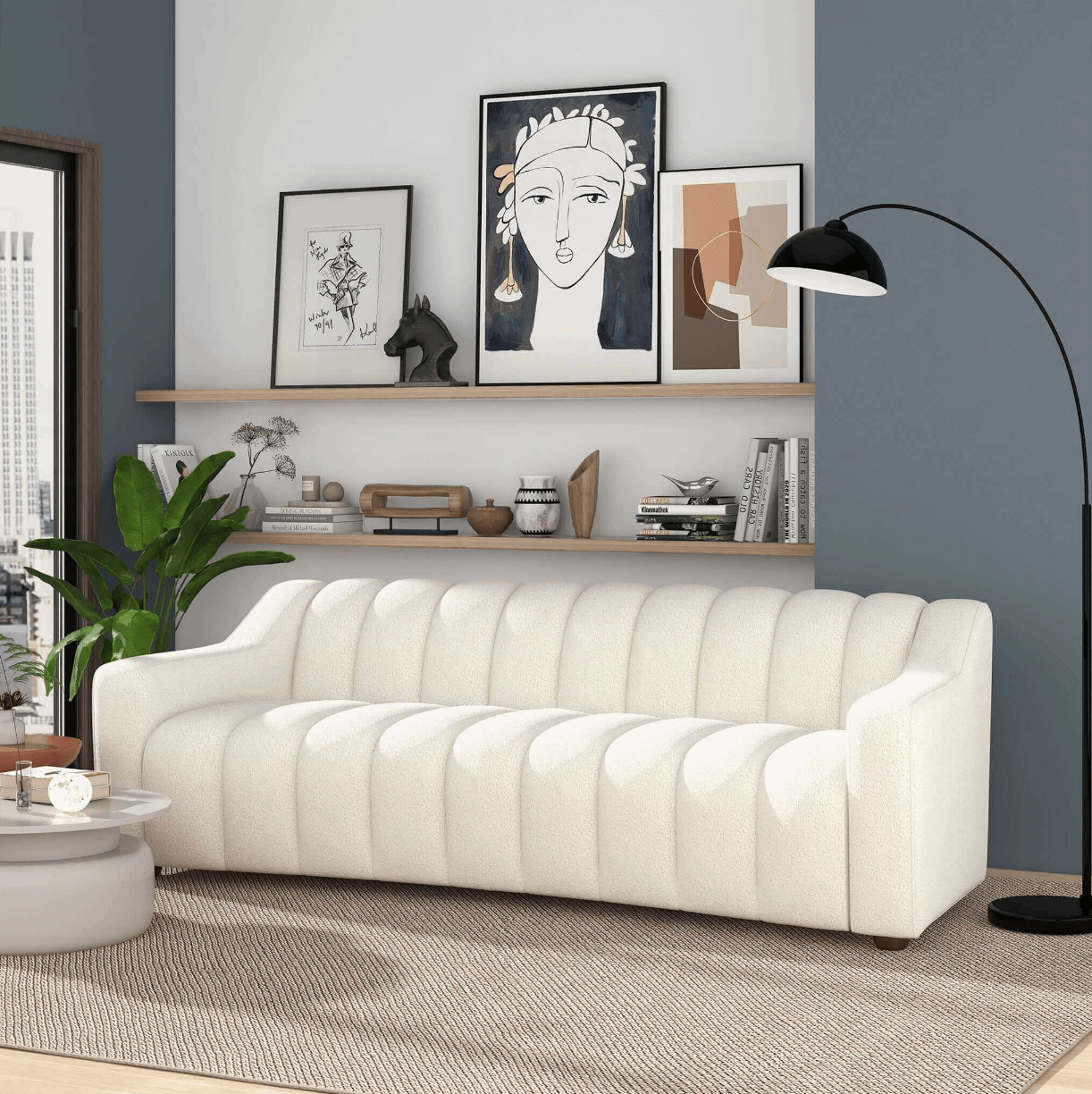 Marcus Modern Channel Tufted Boucle Sofa, Cream White - Revel Sofa 