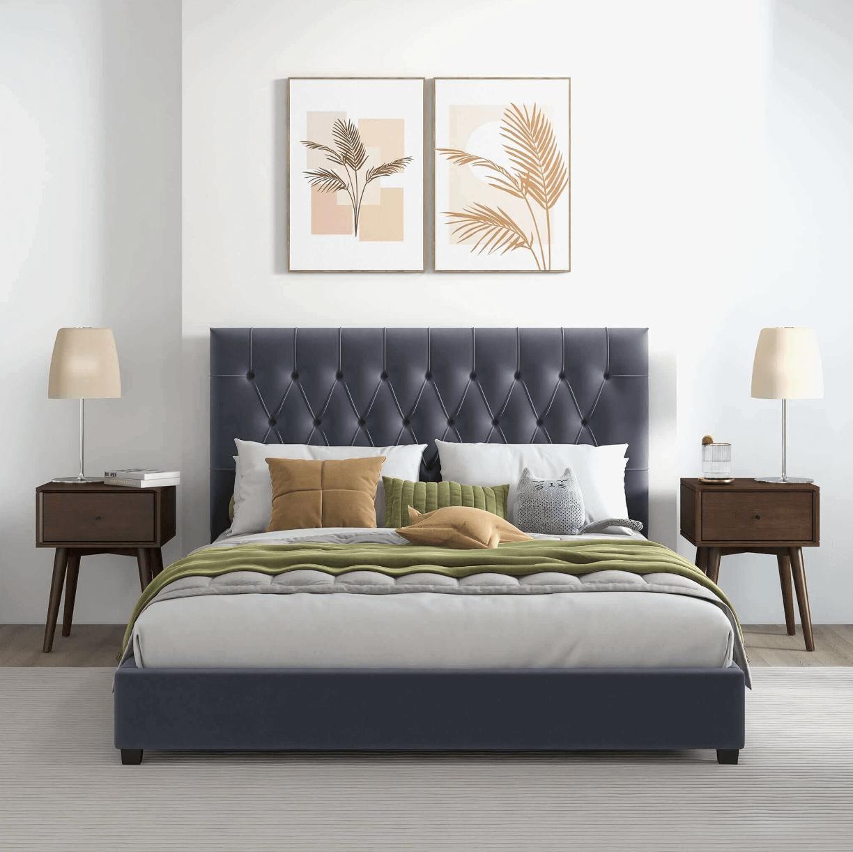 Donald MCM Button Tufted Velvet Platform Bed Frame - Revel Sofa 