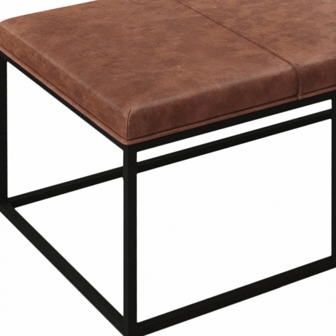 MCM Styled Center Table Bench Brown Faux Leather on Black Metal Base 46" - Revel Sofa 
