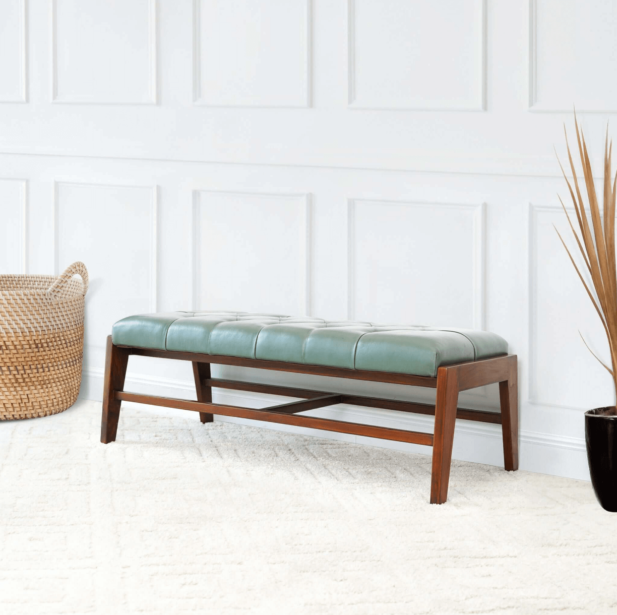 Hera Solid Wood Bench Button Tufted Green Leather Upholstery 49" - Revel Sofa 