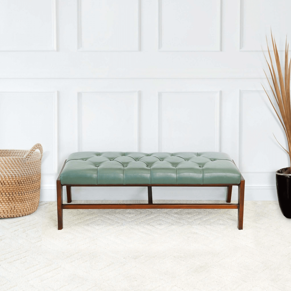 Hera Solid Wood Bench Button Tufted Green Leather Upholstery 49" - Revel Sofa 