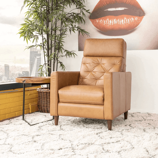 Grifin MCM Styled Genuine Tan Leather Reclining High Back Lounge Chair - Revel Sofa 