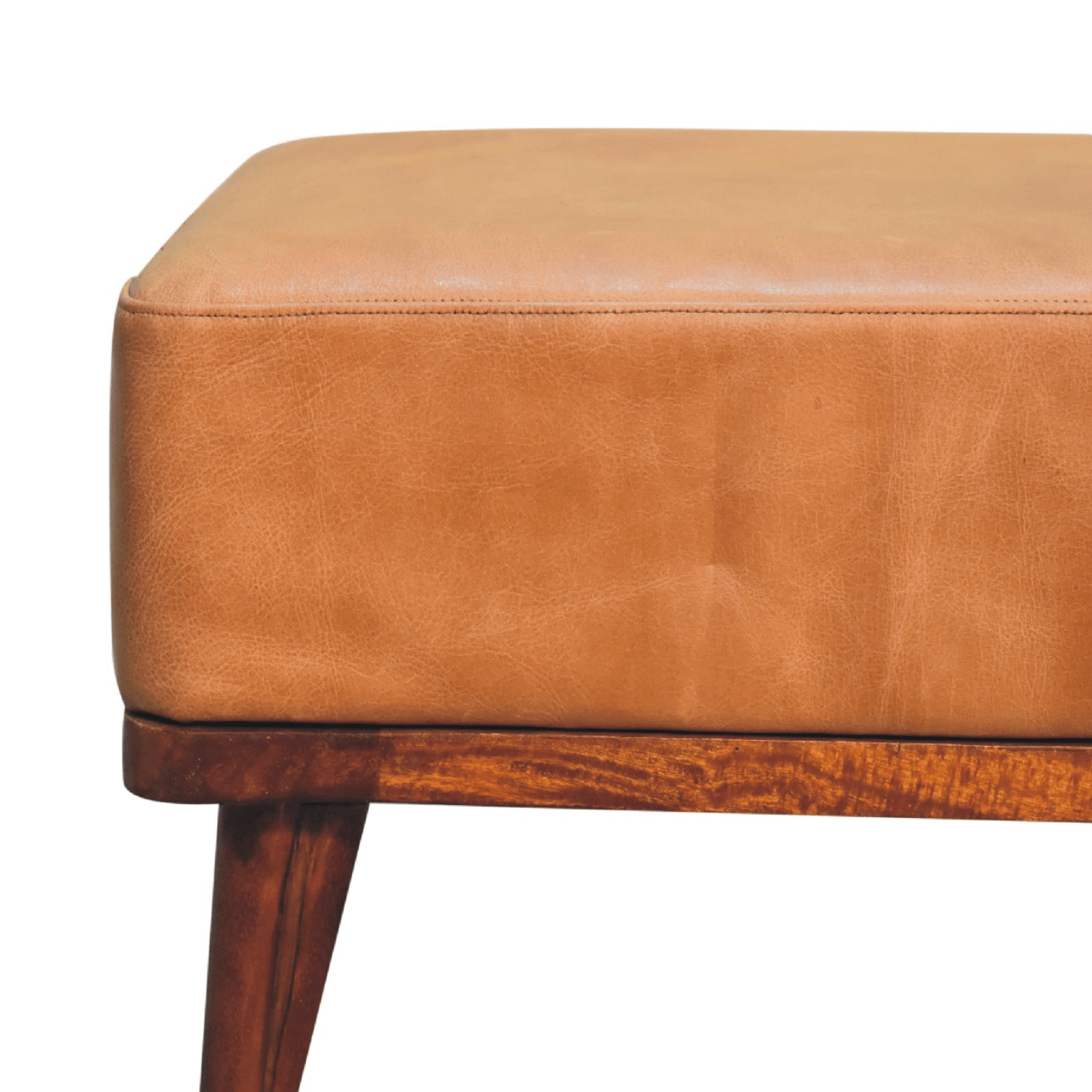 MCM Styled Genuine Buffalo Leather Ottoman Footstool, Tan 20" - Revel Sofa 