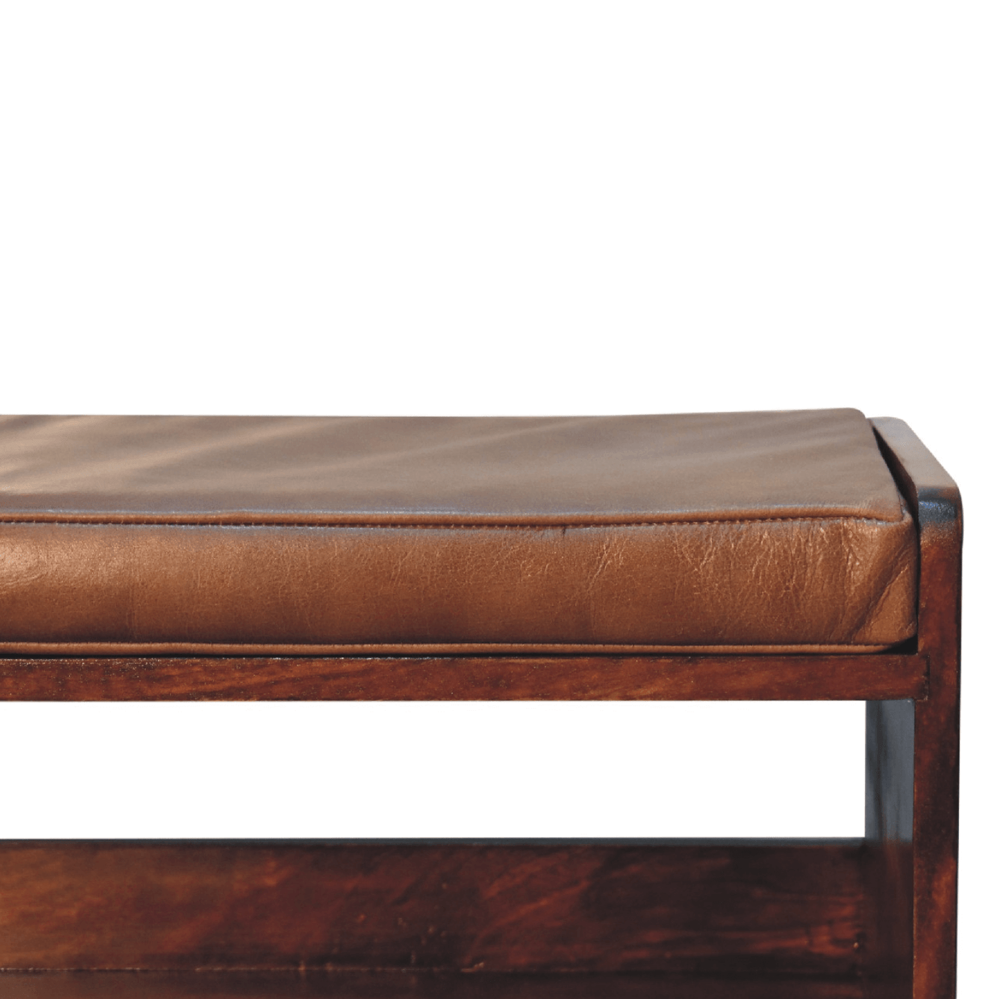 MCM Styled Solid Wood 2 Tier Bench with Leather Seat, Chestnut 35" - Revel Sofa 