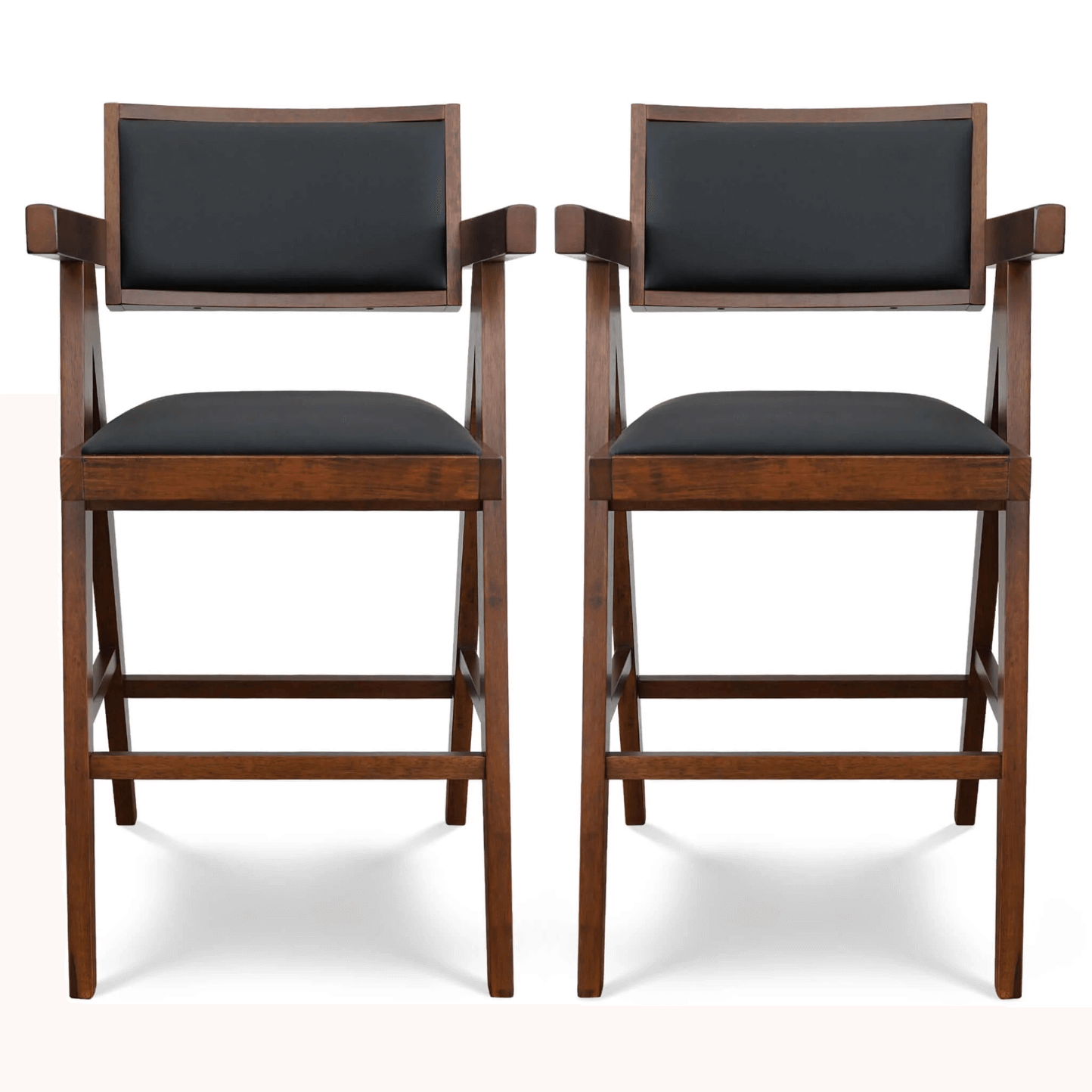 Athena Solid Wood Counter Chairs With Armrests & Black Vegan Leather, Set of 2 - Revel Sofa 