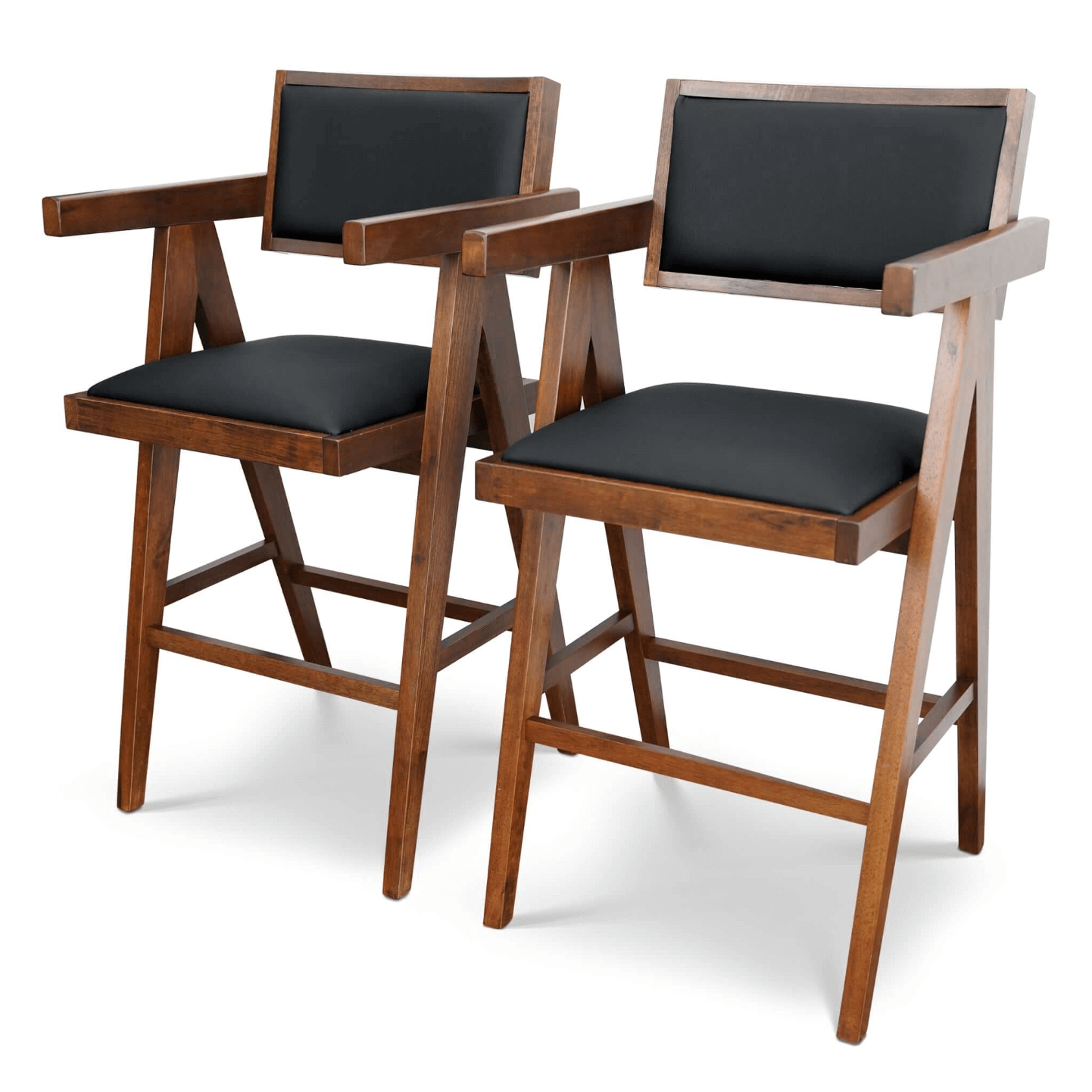 Athena Solid Wood Counter Chairs With Armrests & Black Vegan Leather, Set of 2 - Revel Sofa 