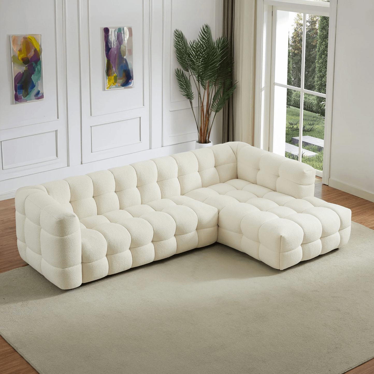 Morrison Tufted Boucle Right Facing Chaise Sectional Sofa, Cream 141" - Revel Sofa 