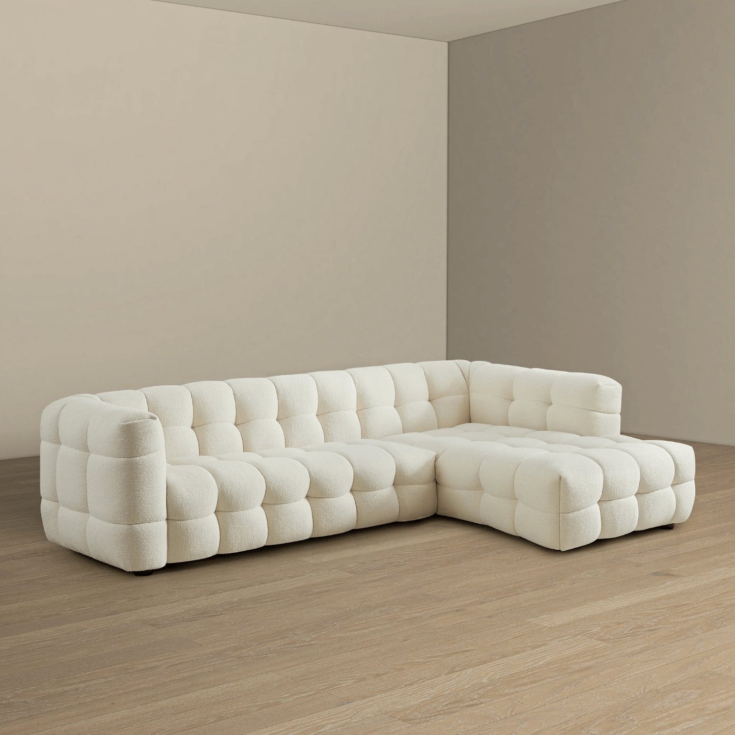 Morrison Tufted Boucle Right Facing Chaise Sectional Sofa, Cream 141" - Revel Sofa 