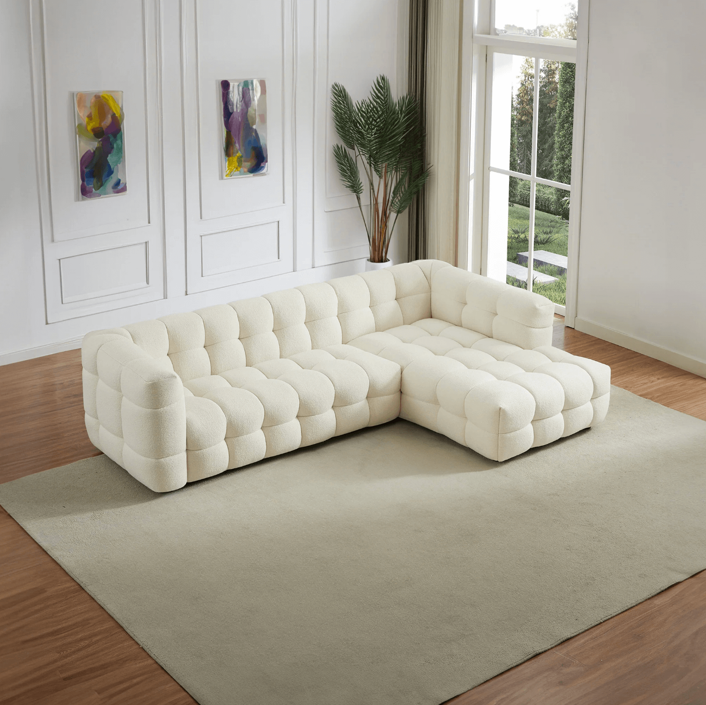 Morrison Tufted Boucle Right Facing Chaise Sectional Sofa, Cream 141" - Revel Sofa 