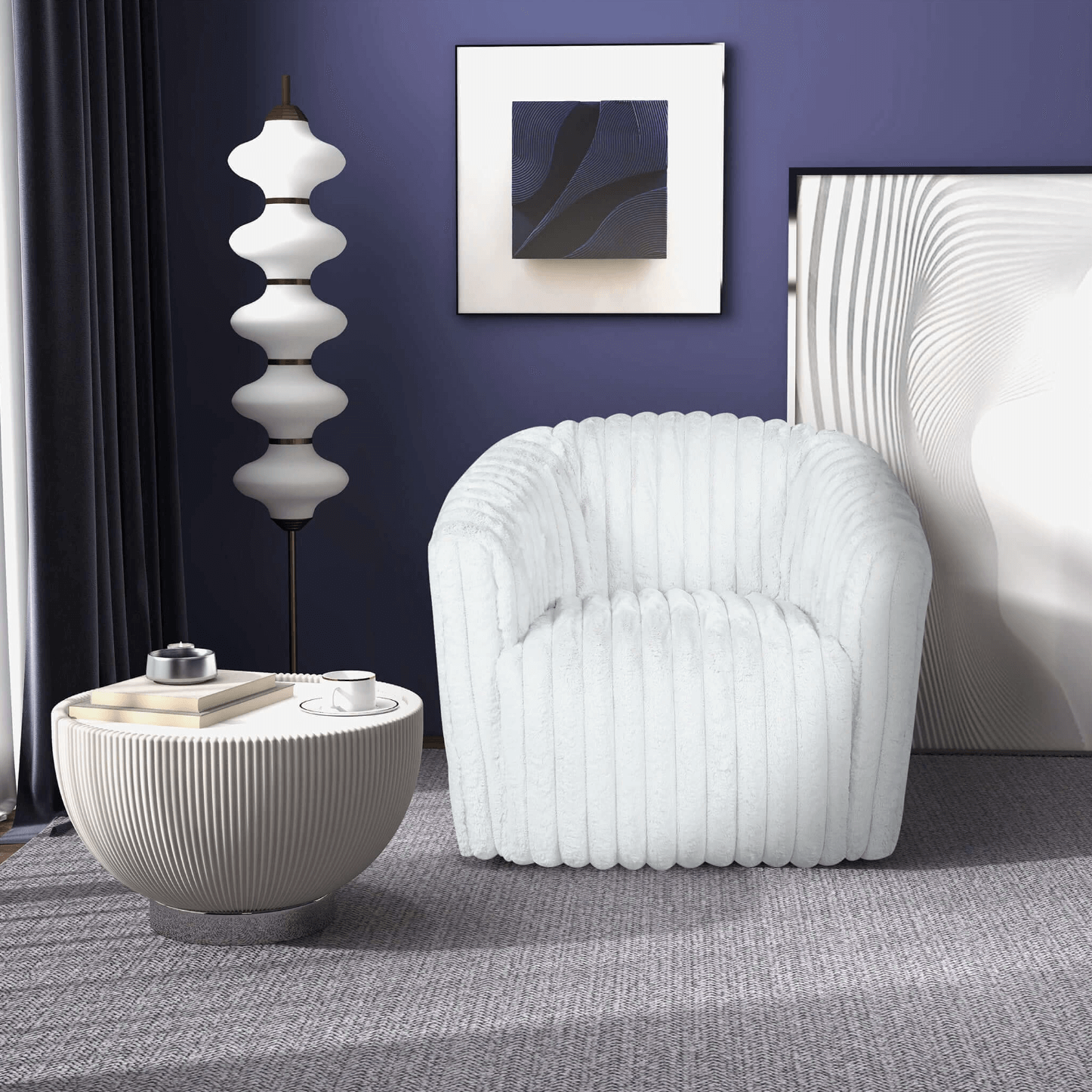 Mira Velvet Channel Tufted Swivel Lounge Chair in White or Gray - Revel Sofa 