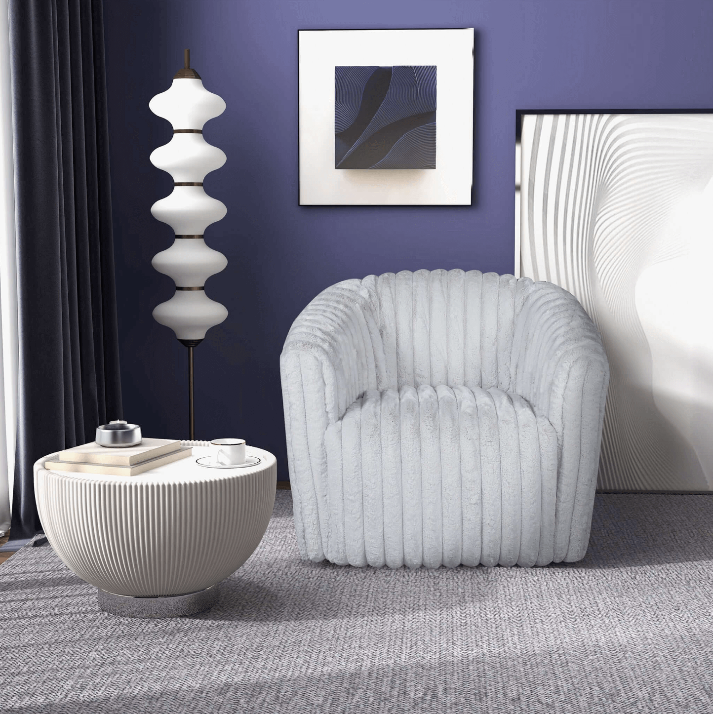 Mira Velvet Channel Tufted Swivel Lounge Chair in White or Gray - Revel Sofa 