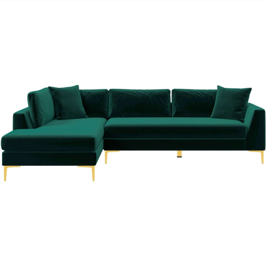 Mano Modern Velvet L-Shaped Sectional Chaise Sofa in Green