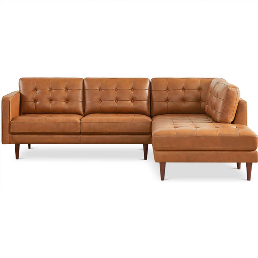 Lucco MCM Style Tufted Leather L-Shape Sectional Chaise Sofa