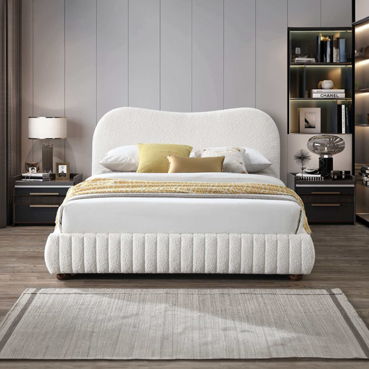 Norme Low Profile Queen Size Platform Bed Frame in Cream Boucle