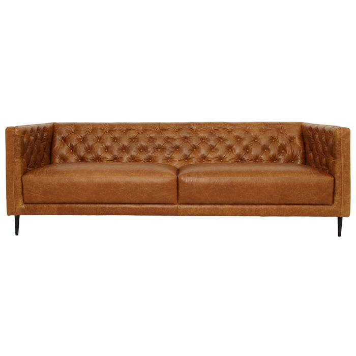 Vermont MCM Tufted Genuine Cognac Leather Sofa 90"