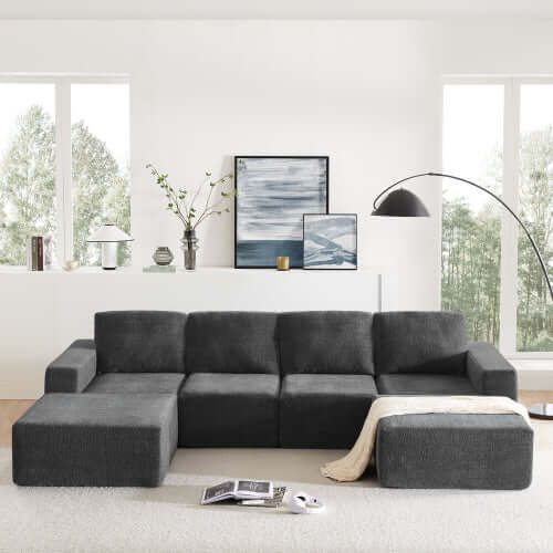 Modular U Shape Dual Chaise Chenille Sectional Sofa in living room setup with art and floor lamp.