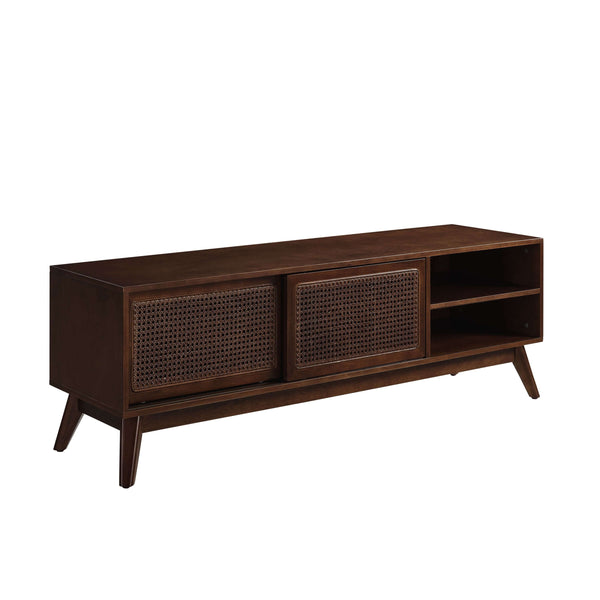 MCM Styled Wood TV Stand Rattan Cabinet Doors, Dark Stain 59