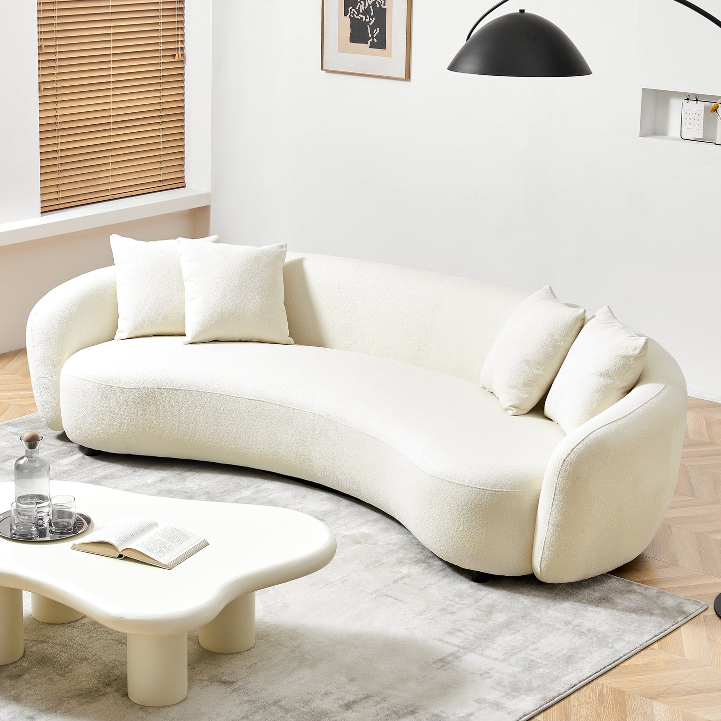 Modern Curved Sofa Upholstered White Teddy Fabric 101"