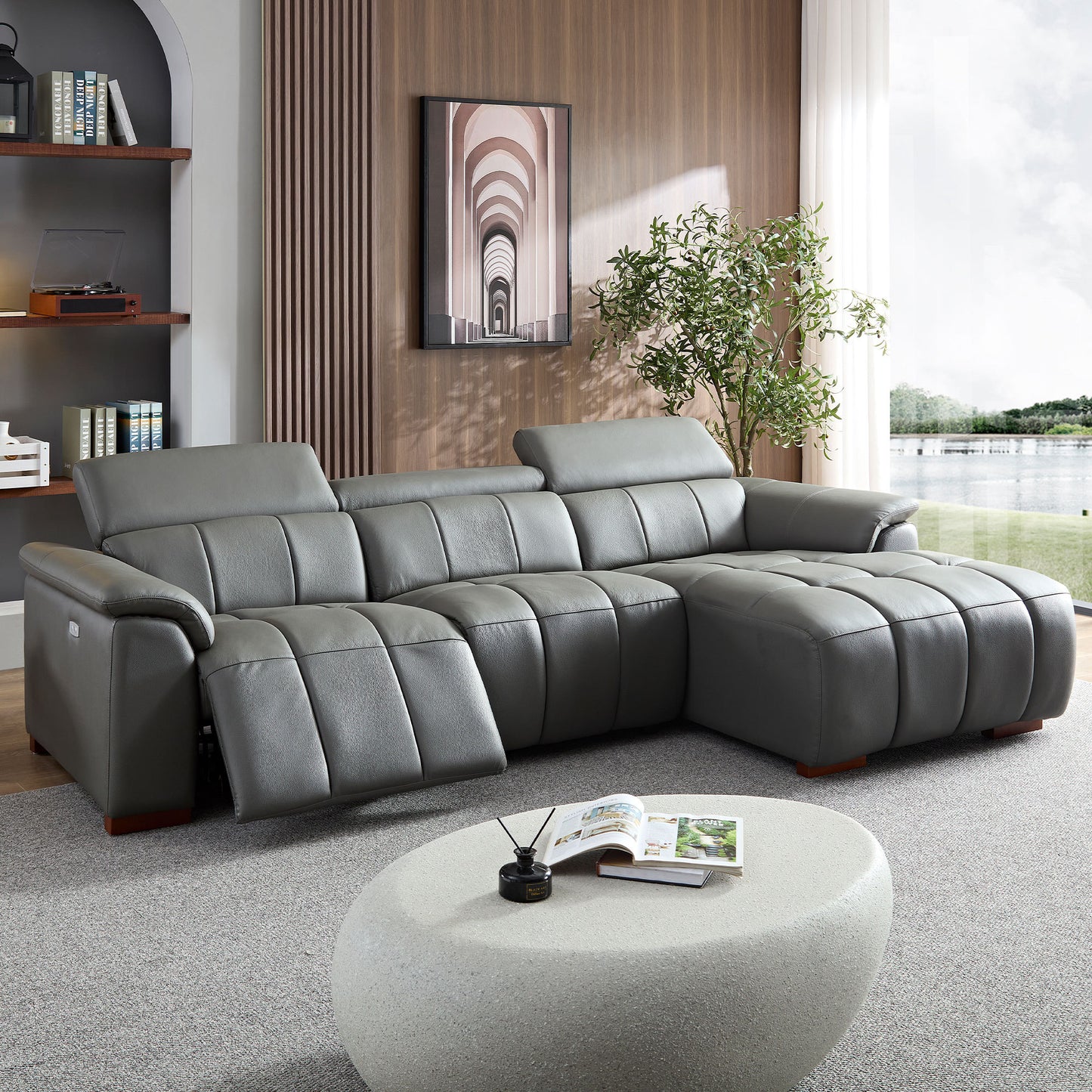 Modern Leather Chaise Sectional Sofa w/ Adjustable Foot & Headrest 113" (2 Colors)