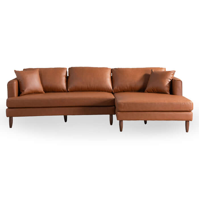 Blake L-Shaped Cognac Leather Sectional Sofa with RF Chaise, perfect for modern living spaces and comfort.