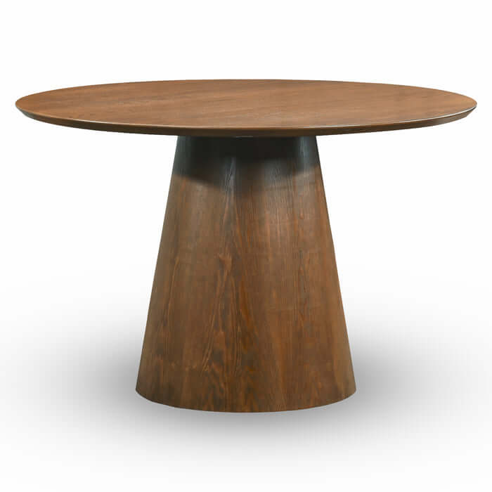 Palamedes Solid Wood Round Table in Walnut with cone-shaped base, perfect for dining spaces