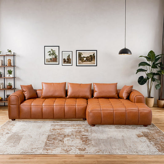 Clark Tufted PU Leather RF Chaise Sofa Sectional in cognac, L-shaped design, perfect for contemporary living rooms.