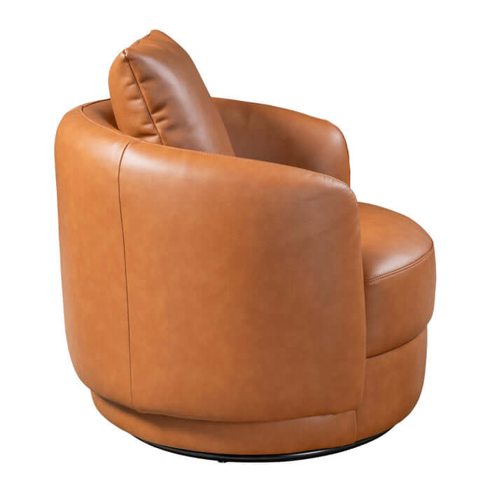 Dylan Cognac Faux Leather Swivel Chair featuring a rounded design and plush cushioning for comfort.